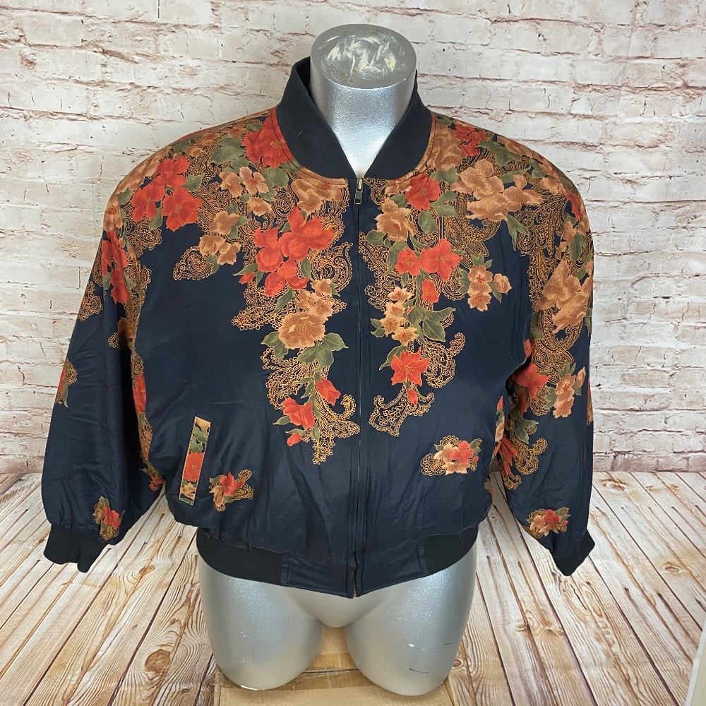 Vintage Silk Black Floral Print Windbreaker